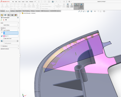 extrude cut to surface is cutting in the wrong direction no matter what I do and also isn't even cutting to surface.png